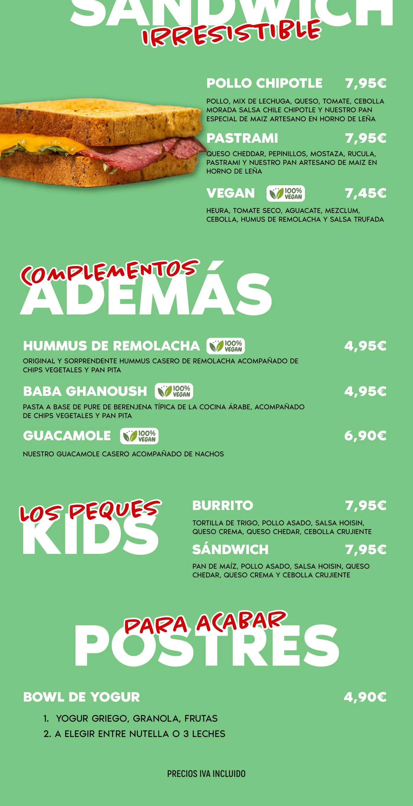 Carta de Umami, comida: sándwiches, complementos, kids y postres